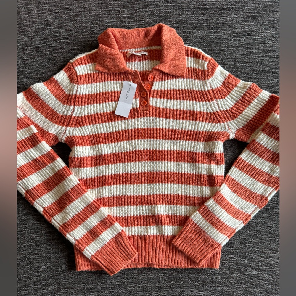 NWT AE American Eagle Knit Striped Polo Sweater Women's Orange Sz XS